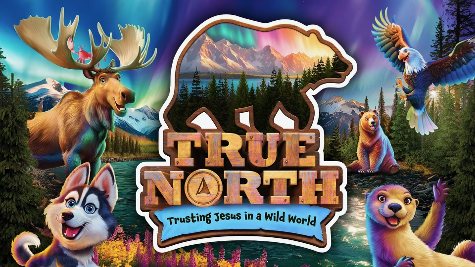 Image that reads "True North: Trusting Jesus in a Wild World" with a bear thath as a scenic view in the body. A moose, wolf, ottor, another bear, and bald eagle on the side of the image.